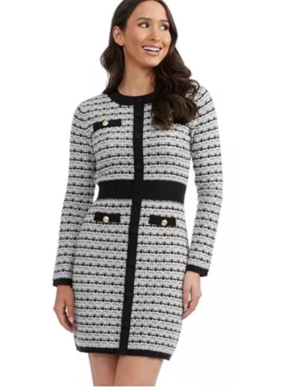 Ellen Tracy NWT Tweed Bouclé Sweater Dress Gold Buttons Black Ivory XL